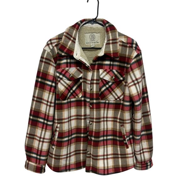 Sage Collective Sherpa Lined Plaid Shacket Jacket Red Tan Cream Size M - Picture 1 of 8